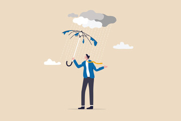 Useless or meaningless effort, disappointment, mistake or difficulty, trouble or struggle, mistake or bad decision concept, frustrated wet businessman with broken useless umbrella in the rain. - obrazy, fototapety, plakaty