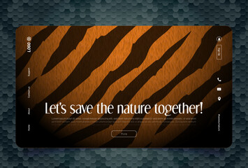 Lets save the nature together landing page with striped tiger fur and snake skin background. Ecological concept for saving animals, wildlife protection, environmental eco community, Vector web banner