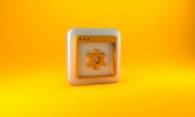 Gold Browser setting icon isolated on yellow background. Adjusting, service, maintenance, repair, fixing. Silver square button. 3D render illustration