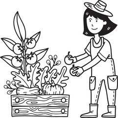 Hand Drawn female farmer picking fruits and vegetables illustration