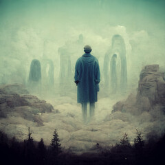 Man walking in the fog in front of ancient ruins made with generative AI