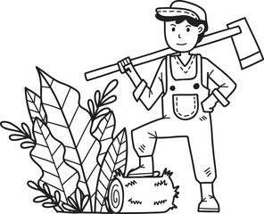 Hand Drawn Male farmer holding a hoe digging the ground illustration