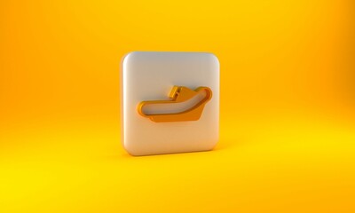Gold Rafting boat icon isolated on yellow background. Inflatable boat with paddles. Water sports, extreme sports, holiday, vacation. Silver square button. 3D render illustration