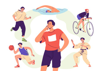 Choose sport, physical activity for health concept. Man thinks, makes choice from different workout options, jogging, swimming, cycling. Flat graphic vector illustrations isolated on white background © Good Studio