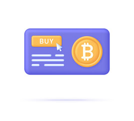 3D Buy Bitcoin illustration. Online crypto payment concept. Pay per click with virtual currency. Buying Bitcoin online. Finance, global digital money. Modern vector in 3d style.