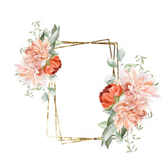 Gold frame with watercolor fall flowers for wedding invitation, baby shower, and other design