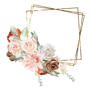 Gold Frame With Watercolor Fall Flowers For Wedding Invitation, Baby Shower, And Other Design