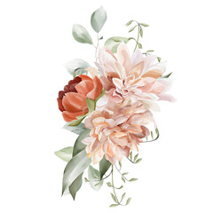 Watercolor fall flowers bouquets, elegant roses, dahlias, leaves, and other autumn plants