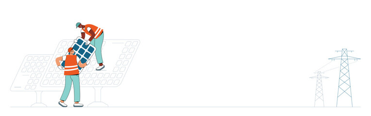 Divider with Workers set a panel at a solar power plant. Smart and green energy. 