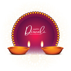 Happy diwali greeting card with burning oil lamp festival background