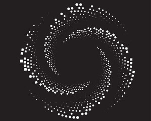 Dotted, dots, speckles abstract concentric circle. Spiral, swirl, twirl element.Circular and radial lines volute, helix.Segmented circle with rotation.Radiating arc lines.Cochlear