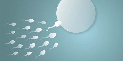 Human sperm cells moving to the egg cell with light on grey background. Semen and fertilization concept. shadow overlay. copy space for the text. illustration minimal design style.
