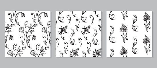 Collection of vector hand drawn seamless patterns with flowers and leaves