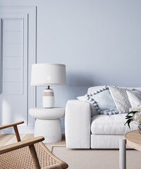Modern bright living room in costal style, white sofa and wooden furniture on light blue wall background, 3d render 