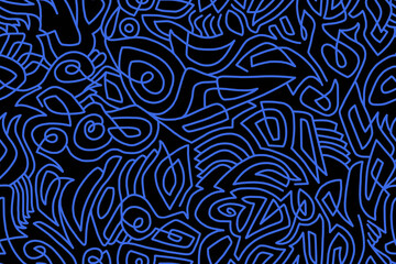 Abstract drawing with blue lines on a black background.Seamless pattern.