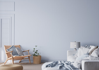 Modern bright living room in costal style, white sofa and wooden furniture on light blue wall background, 3d render 
