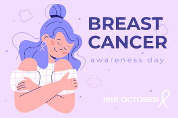 Breast cancer awareness day. Card with woman that cares for themself.