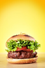 Homemade hamburger with large beef cutlet and fresh vegetables