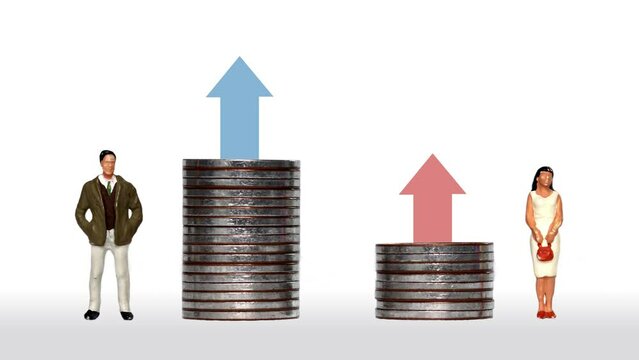 Business concept with piles of coins and miniature people. The concept of the pay gender gap.
