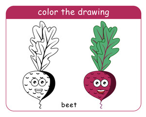 Coloring book for children. Beetroot character in color and black and white. Vector illustration.