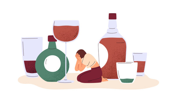 Alcohol abuse, excess and addiction concept. Unhappy addicted drunk woman suffering from alcoholism, booze, hangover among bottles. Flat graphic vector illustration isolated on white background