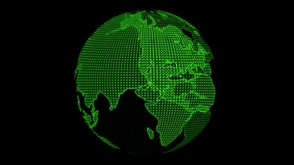 Animation of planet earth in neon green rotating on black background. Global network connection and data connections. Communication technology global world network. Digital Data Network Technology