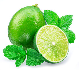 Lime fruit and lime slice with mint leaves isolated on white background.