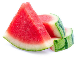 Three slices of watermelon without watermelon seeds isolated on white background.