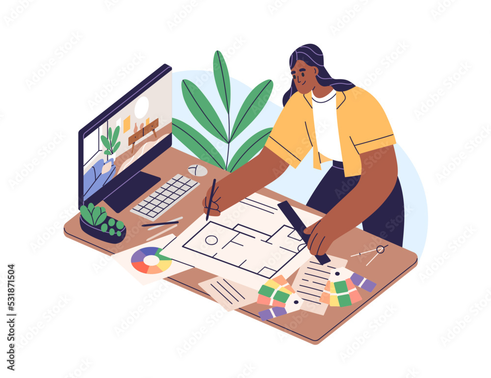 Poster interior designer at work, drawing floor plan, creating home layout with furniture. woman working un