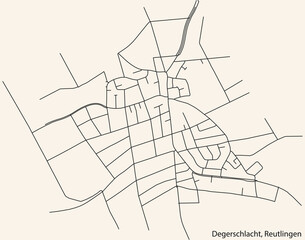 Detailed navigation black lines urban street roads map of the DEGERSCHLACHT QUARTER of the German regional capital city of Reutlingen, Germany on vintage beige background