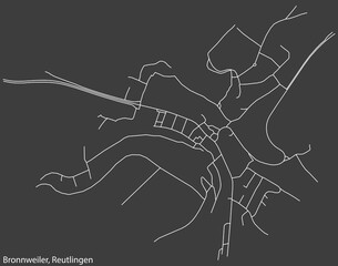Detailed negative navigation white lines urban street roads map of the BRONNWEILER QUARTER of the German regional capital city of Reutlingen, Germany on dark gray background