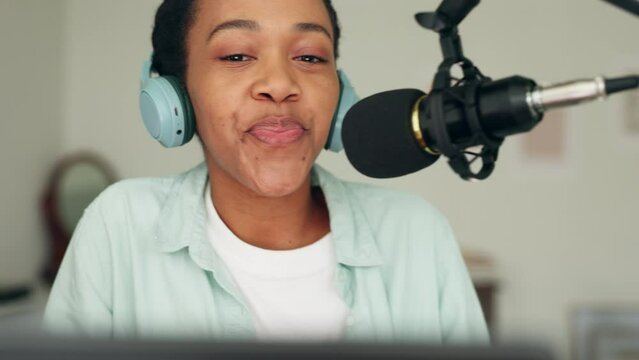 Podcast, web radio or digital woman interview presenter live streaming to a internet audience. Voice talent, speaker or vlog influencer with headphones and microphone talk online about student life