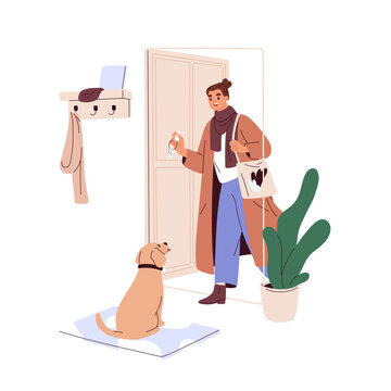 Pet Owner Coming Home, Opening Door. Dog Meeting Returning Woman At House Enter. Doggy Greeting Person, Sitting On Entry Mat. Solo Lifestyle. Flat Vector Illustration Isolated On White Background