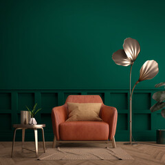 Living room interior.Armchair,pillow,lamp and table with plant in art deco style or modern classic.3d rendering