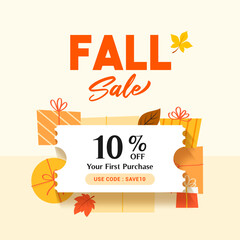 Fototapeta na wymiar Fall sale gift boxes coupon template vector illustration. Promotion coupon code.