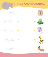 worksheet for toddlers trace and matching words with images. Educational printable worksheet. Cute animal worksheet theme. Preschool Education. Vector illustration.