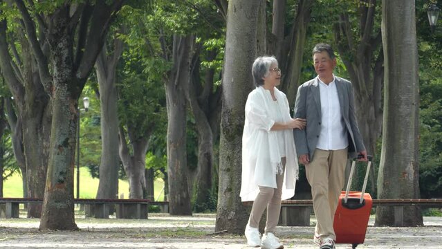 スーツケースを持って旅行する高齢者夫婦
