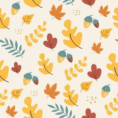 Seamless pattern with acorns and autumn oak leaves in orange, beige, brown and yellow. Perfect for wallpaper, gift paper, pattern fill, web page background, fall greeting cards.