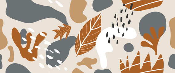 Abstract foliage background vector. Earth tone wallpaper with organic shapes, leaf, flower, foliage, line art. Seamless pattern design for wallpaper, prints, cover, fabric, wall art and home decor.