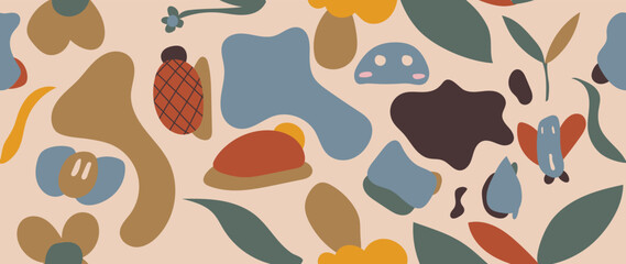 Abstract seamless background vector. Earth tone wallpaper with organic shapes, leaf, flower, foliage, snail. Seamless pattern design for wallpaper, prints, cover, fabric, wall art and home decor.