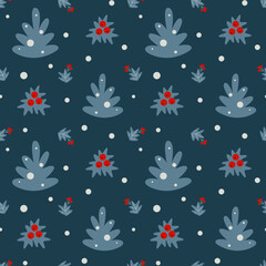 Winter seamless pattern with fir trees and branches of berries.