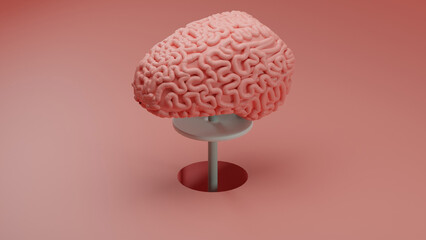 3D Render of a simplistic brain model displayed on a pedestal emerging from a hole in the floor
