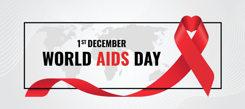world aids day - red ribbon appeal with heart shape roll around black line frame on lines curve and world map texture background vector design