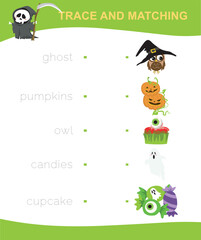 Fototapeta premium Printable worksheet trace and matching words with images. Educational printable worksheet with Halloween theme. cute Halloween character and items. Vector illustration.