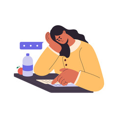 Puzzled girl student thinks about difficult task in exam paper. Confused embarrassed person at desk at college examination, academic test. Flat graphic vector illustration isolated on white background