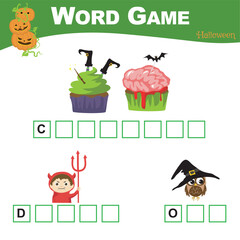 Printable word game worksheet for toddlers. Writing Halloween items worksheet for children. Educational printable worksheet. Preschool Education. Vector illustration.