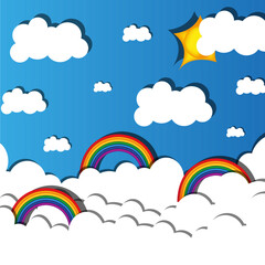 Beautiful cut out paper vector illustration with rainbow, white clouds, blue sky and sun with sun rays. Cutout paper greeting card. Picture for children room.