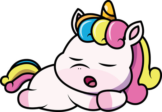 Adorable digital illustration of a cute rainbow unicorn sleeping and snoring