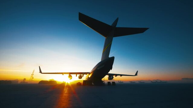 Military cargo plane at sunset. Military plane loading at the airport. 3d visualization