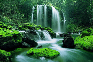 Wasserfalllandschaft mit bemoosten Felsen © eyetronic